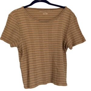 American Eagle Women’s Mustard Yellow Striped Short Sleeve Ribbed T-Shirt Large